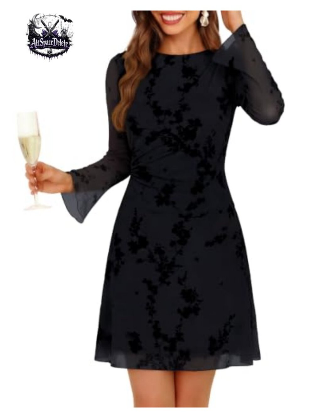 Womens Floral Mesh Bell Sleeve Mini Dress Ruched Waist A-Line